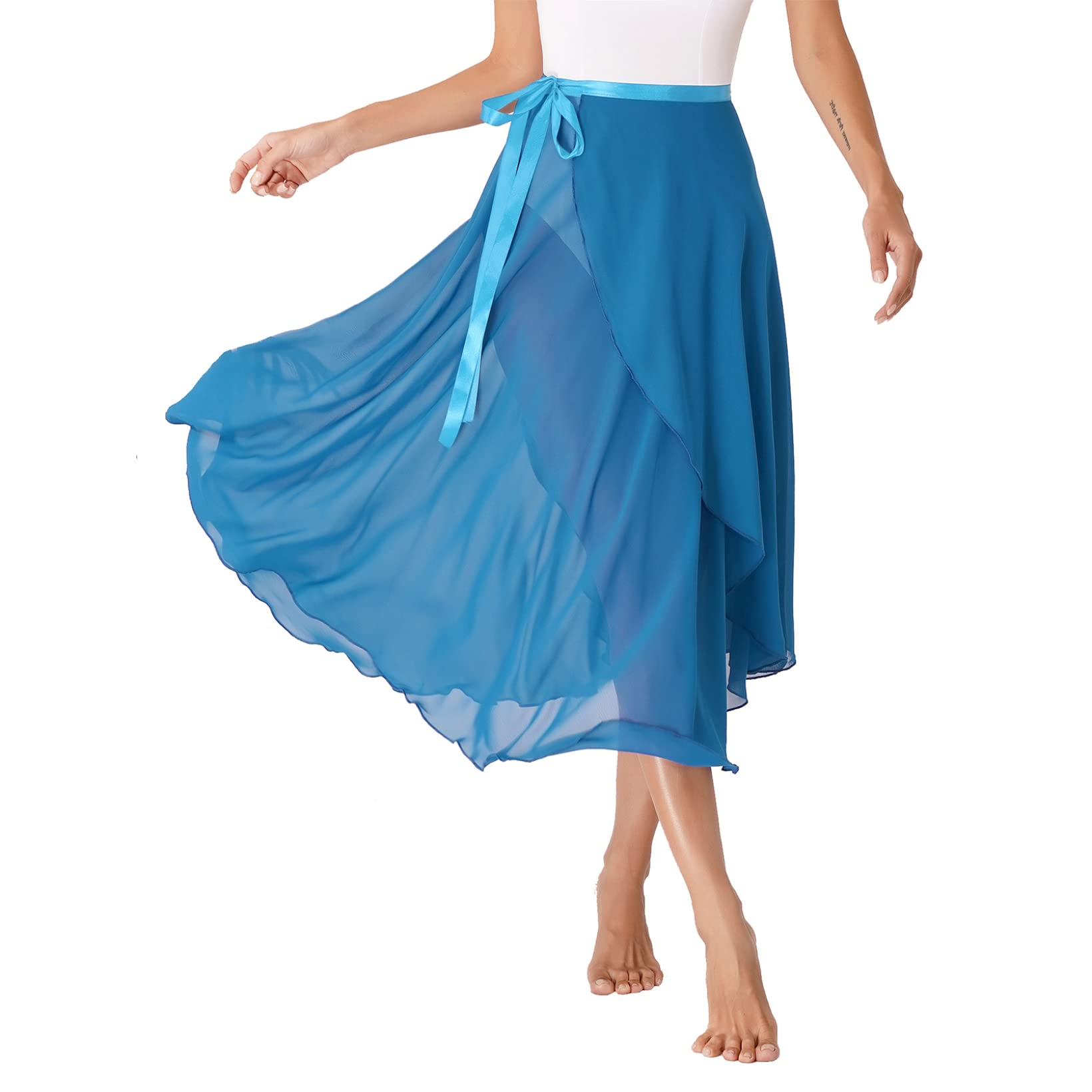 JanJean Women Sheer Chiffon Midi Wrap Skirt Ballet Lyrical Dance Skirt Hip Scarf High Waist Overlay Lake Blue One Size