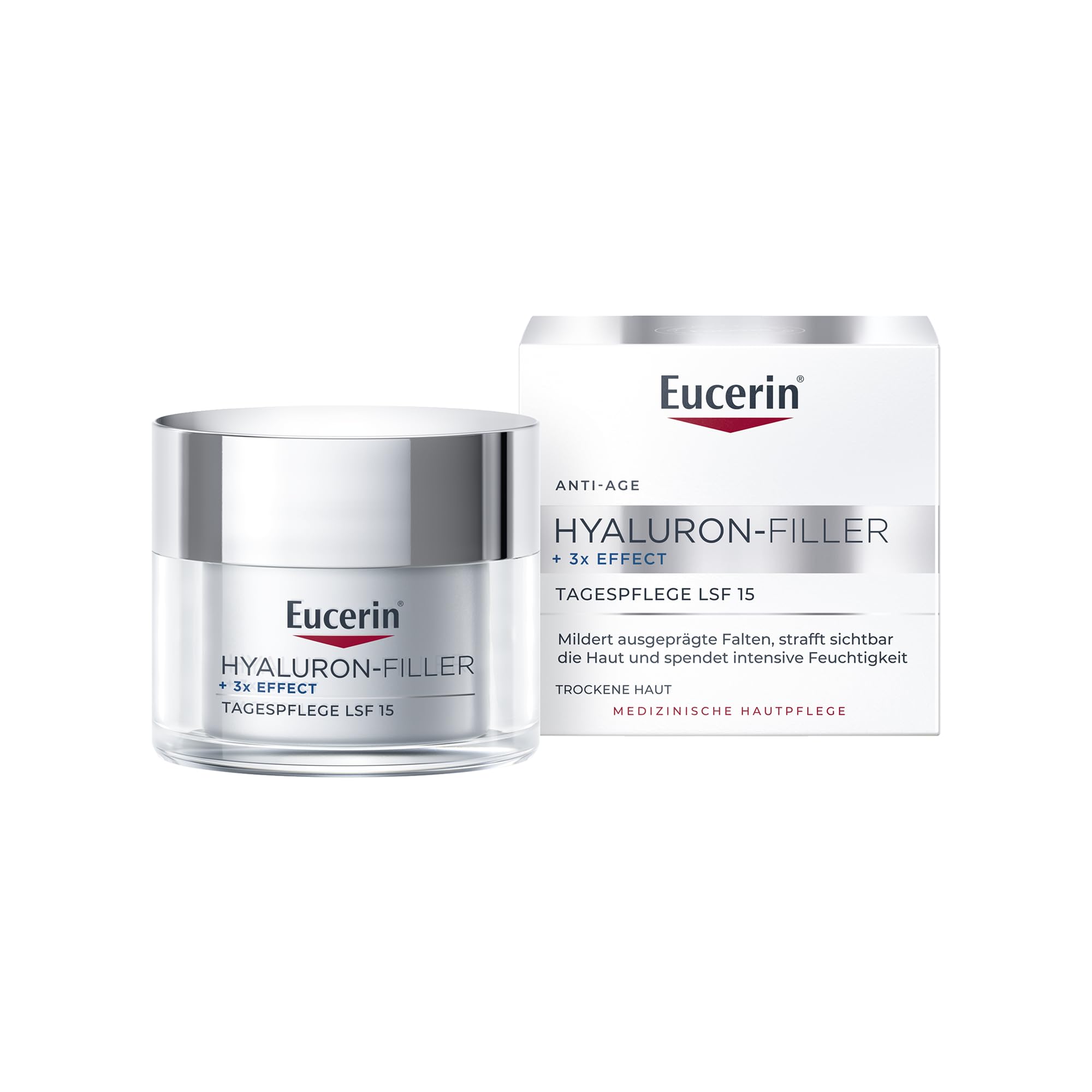 Eucerin Hyaluron-Filler + 3x Effect Tagespflege LSF 15 für trockene Haut 50 ml, Gesichtscreme zur Reduzierung von Falten und feinen Linien, feuchtigkeitsspendende Anti Aging Creme mit Hyaluronsäure