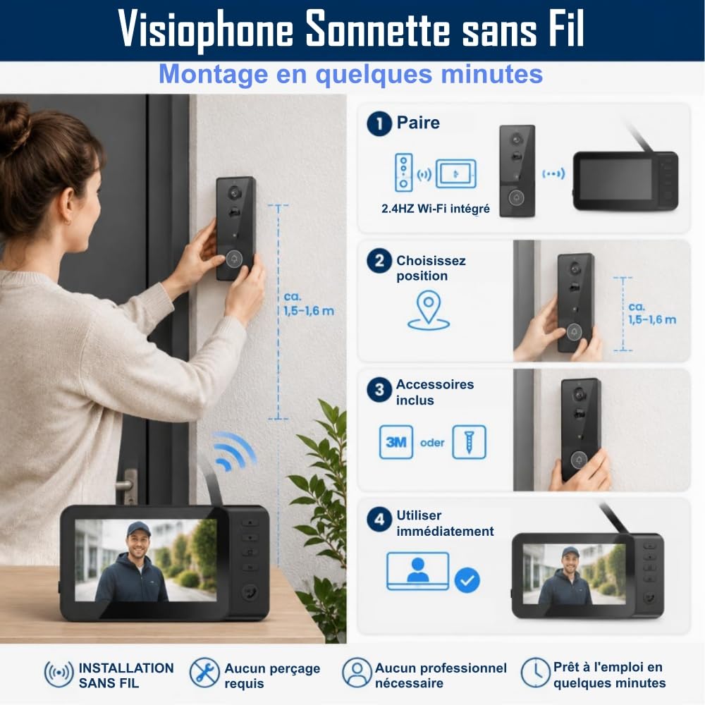 TKMARS Sonnette Vidéo sans Fil 4.3’’ HD 1080P, Visiophone IP65 Étanche, Grand Angle 170°, Vision Nocturne IR, Interphone Audio Bidirectionnel, sans WiFi ni App, Détection Mouvement | Écran IPS 4.3", Audio Bidirectionnel, Grand Angle 170°, Vision Nocturne