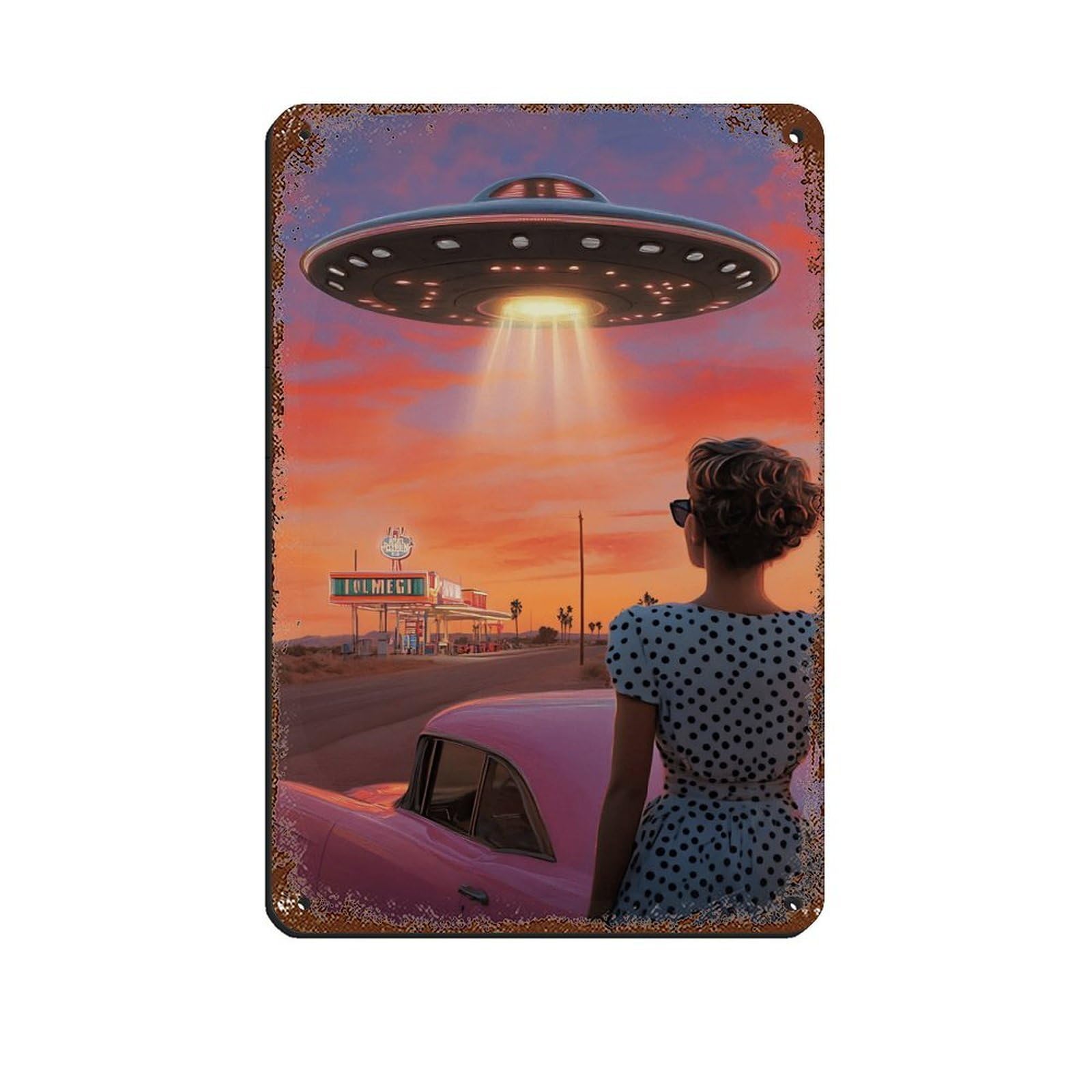 Retro UFO Diner Scene,Sci-Fi Wall Decor Tin Sign Vintage Metal Pub Club Cafe Bar Home Wall Art Decoration Poster Retro 8x12inch(20x30cm)