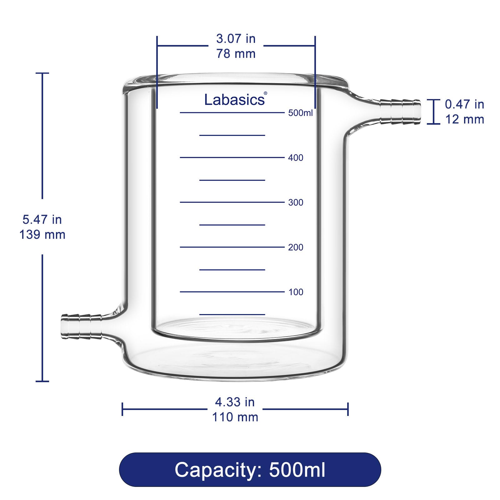 Labasics Becher con Giacca, Realizzato in Vetro Borosilicato di Alta, Vetro da Laboratorio Doppio Strato per Controllo Termico e Reazioni Chimiche, 500 ml