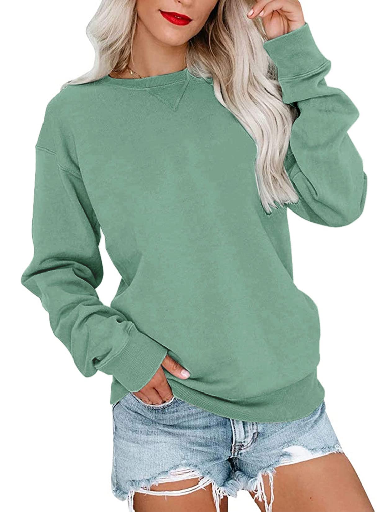 PGANDSWomens Crew Neck Solid/Color Block Sweatshirts Long Sleeve Casual Lightweight Pullover Tops