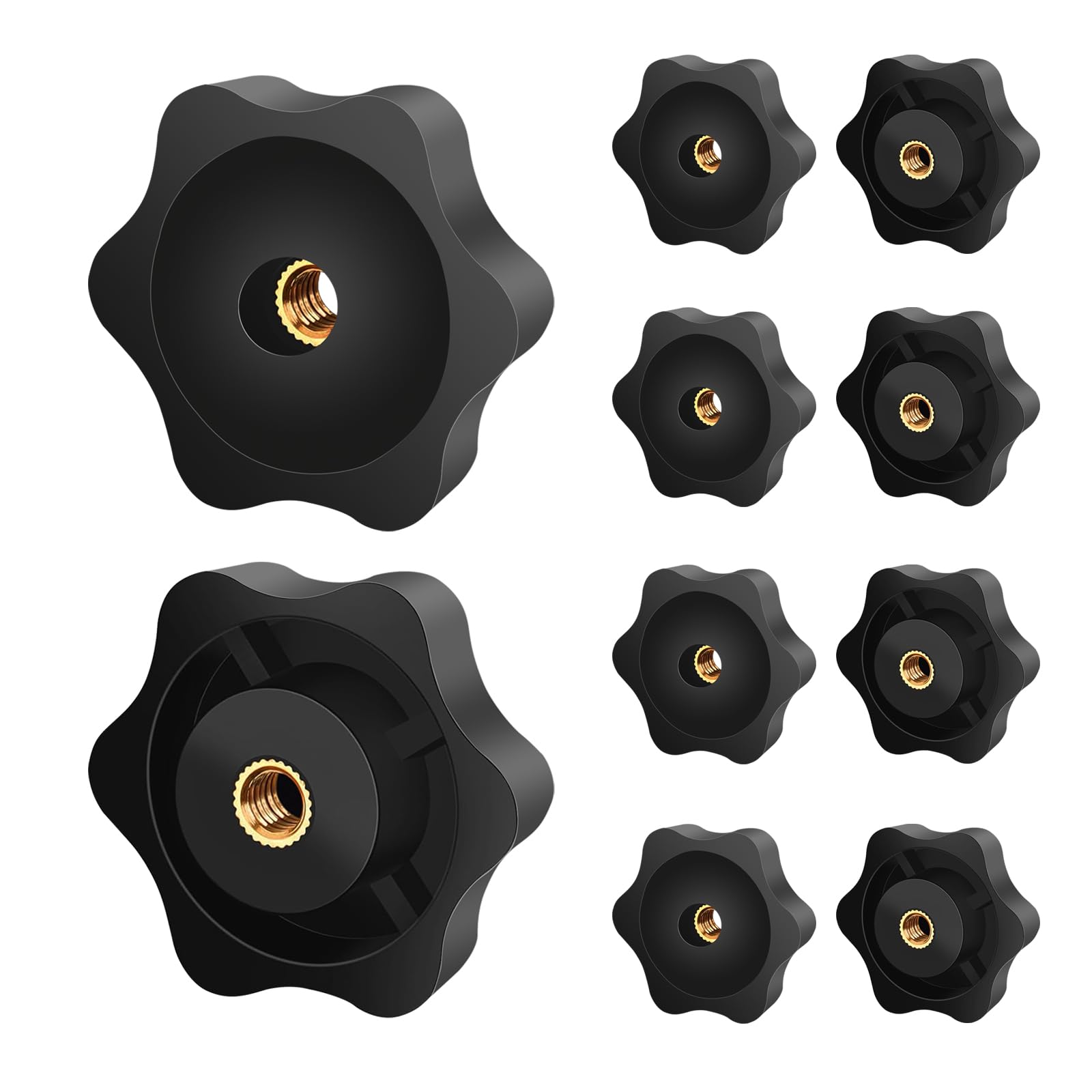 Dado con impugnatura a stella M6, 10 viti zigrinate, diametro esterno 32 mm, nero, a forma di stella, filettatura interna in ottone per macchine e impianti, mobili, macchine utensili