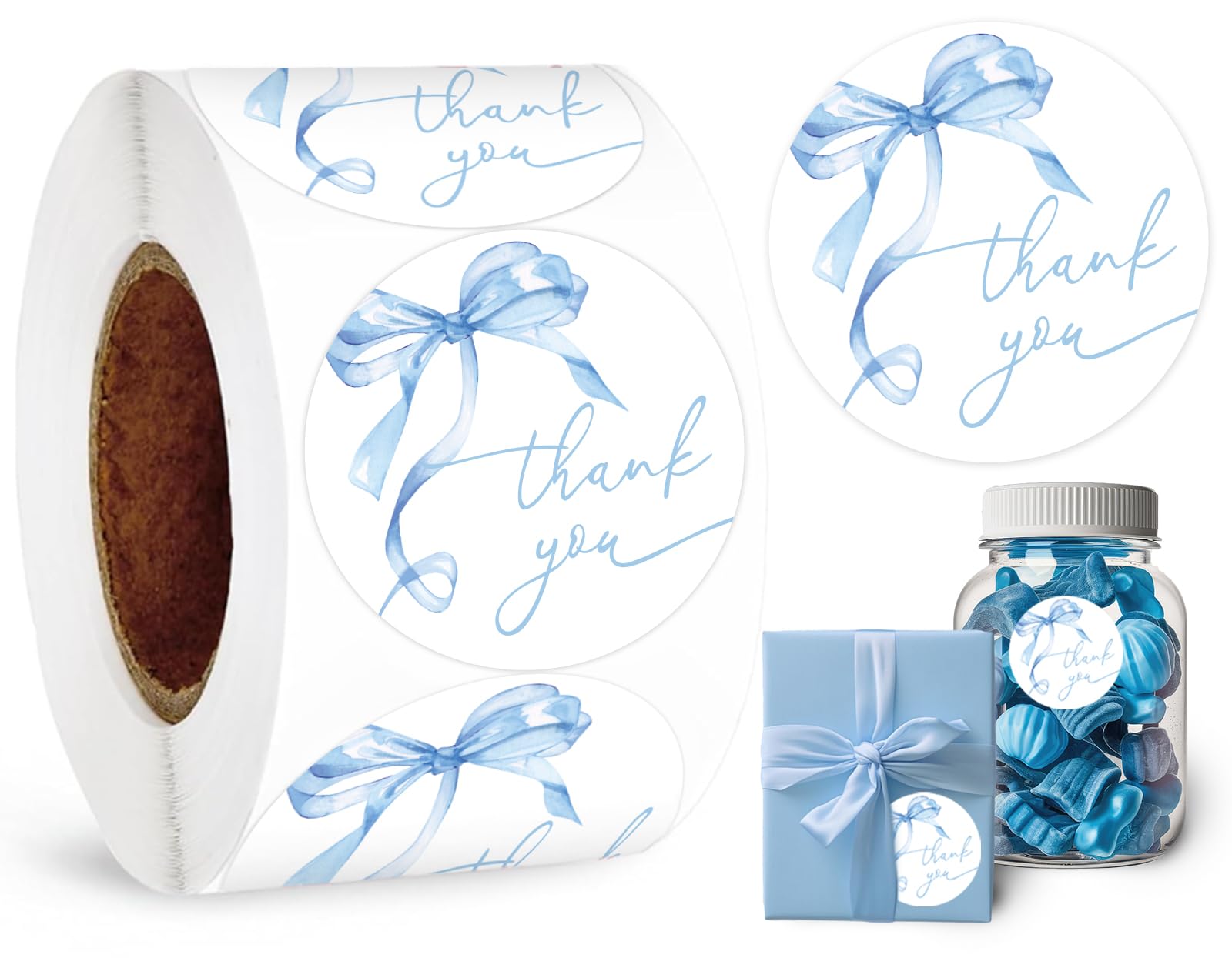 Whaline 500Pcs Blue Bow Thank You Sticker Watercolor Bowknot Paper Decal Coquette Adhesive Seal Sticker Label for Birthday Baby Shower Party Small