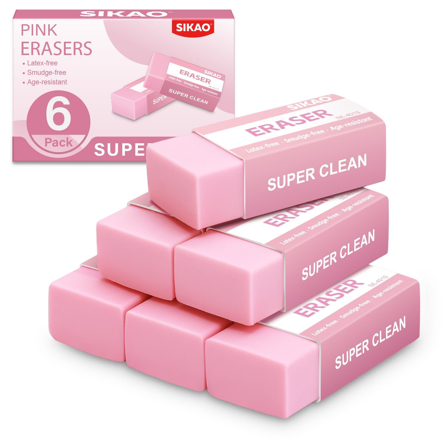 SIKAO Pink Erasers, 6 Pack Block Pencil Erasers – Smudge-Free Latex-Free Cute Erasers for Kids & Girls, School Supplies, Clean Erase for Homework, Journaling & Drawing