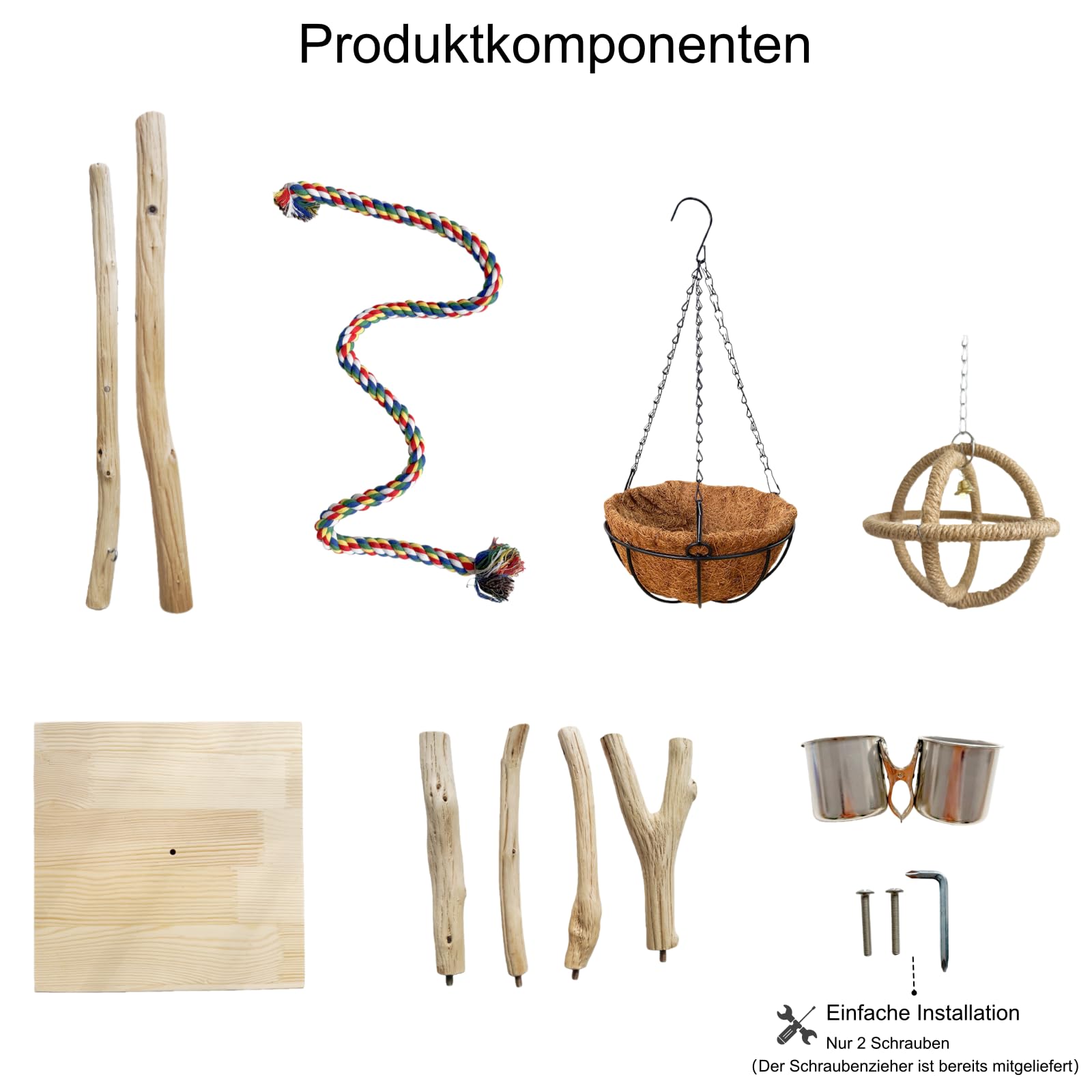 Vogel Sitzstangen, Vogelspielzeug, Naturholz-papageienständer mit Feeder-Cup, Schaukel, Nest, Papageien Vogelspielplatz und Ruhestation für mittelgroße Vögel, Nymphensittich, Mönchssittich, Großer Akt
