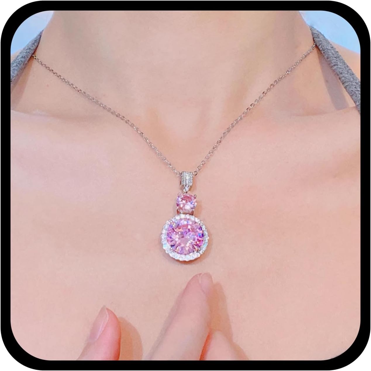 YienDoo Funky Pink Crystal Choker Necklaces Dainty Round Crystal Pendant Necklace Pink Rhinestone Necklace Chain Silver Boho Statement Sparkly Birthstone Necklace Jewelry for Women