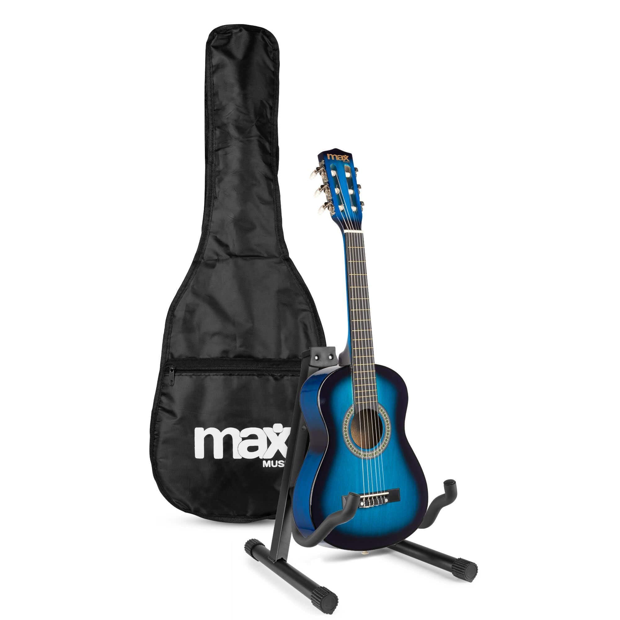 Max SoloArt Pack Guitare Classique Junior 1/4 - Bleue, Cordes en Nylon, 4 à 6 ans, Sac de Transport, Médiators, Sangle, Support Guitare, un Cadeau pour Enfants Idéal pour Débuter la Guitare
