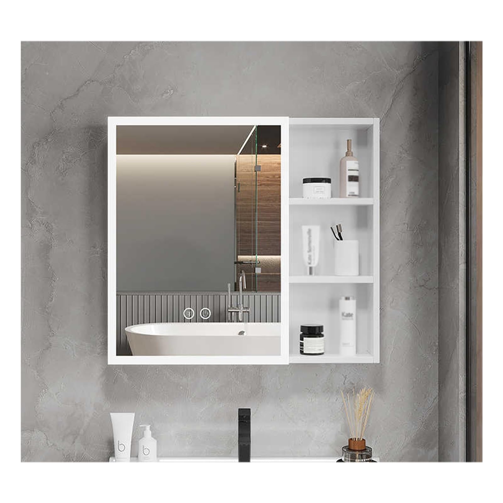 Armario grande con espejo de baño blanco con función antivaho, cristal de alta definición, amplio almacenamiento, 80 x 68 cm, elegante diseño montado en la pared
