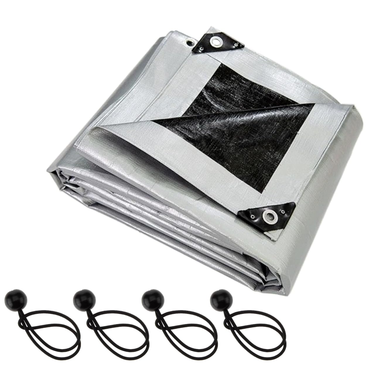 Heavy-Duty Waterproof Silver Tarpaulin 3 x 4 m - 260 GSM PE Tarp with 4 Ball Bungees - UV Resistant, Mould-Proof, Tear-Resistant Cover for Roofing, Camping, Garden, Construction - Reinforced Edges