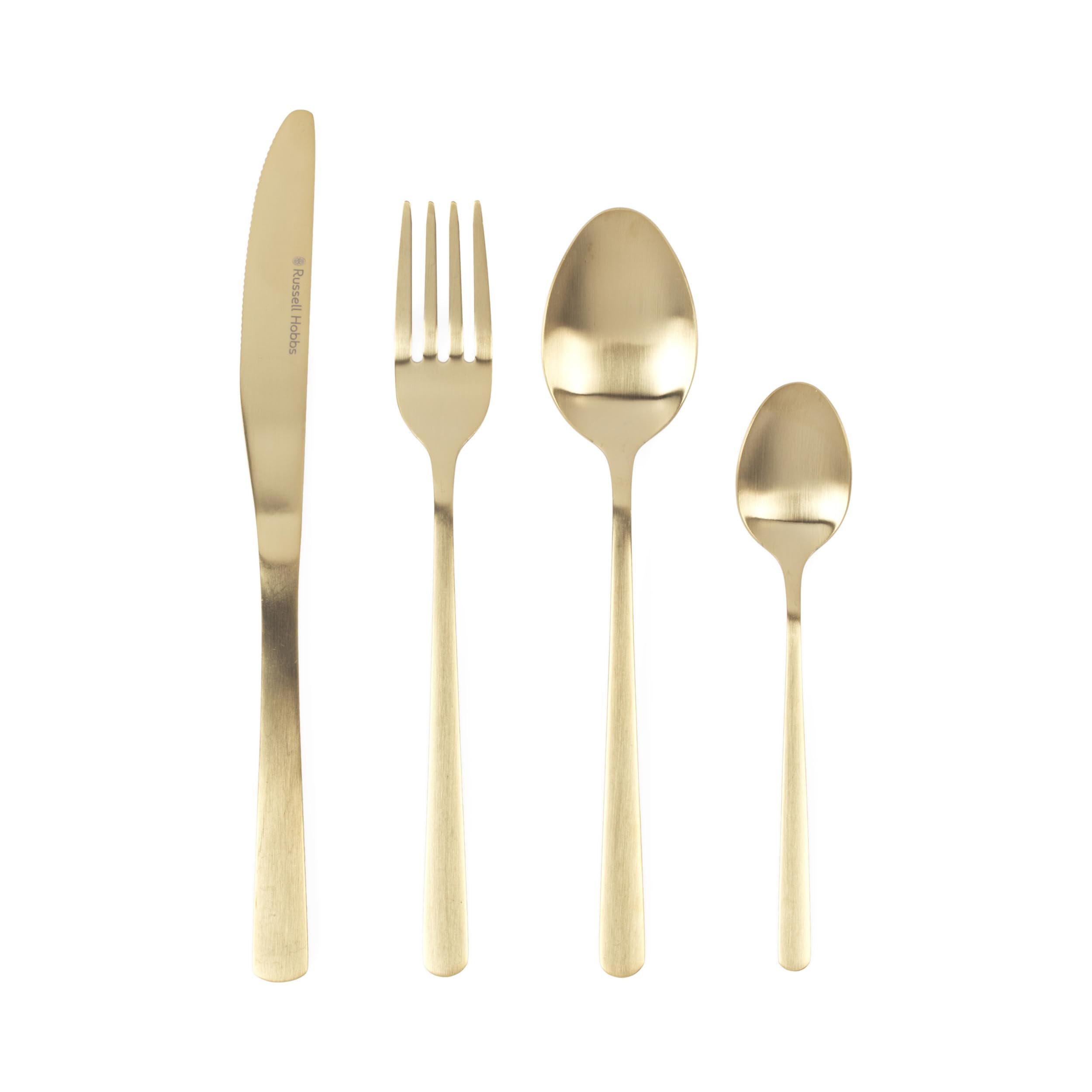 Russell Hobbs Vienna 16 Piece Cutlery Set – 18/0 Stainless Steel Silverware, Service for 4, Forks, Knives, Tablespoons and Teaspoons, Dishwasher Safe Flatware, Gold Satin Finish