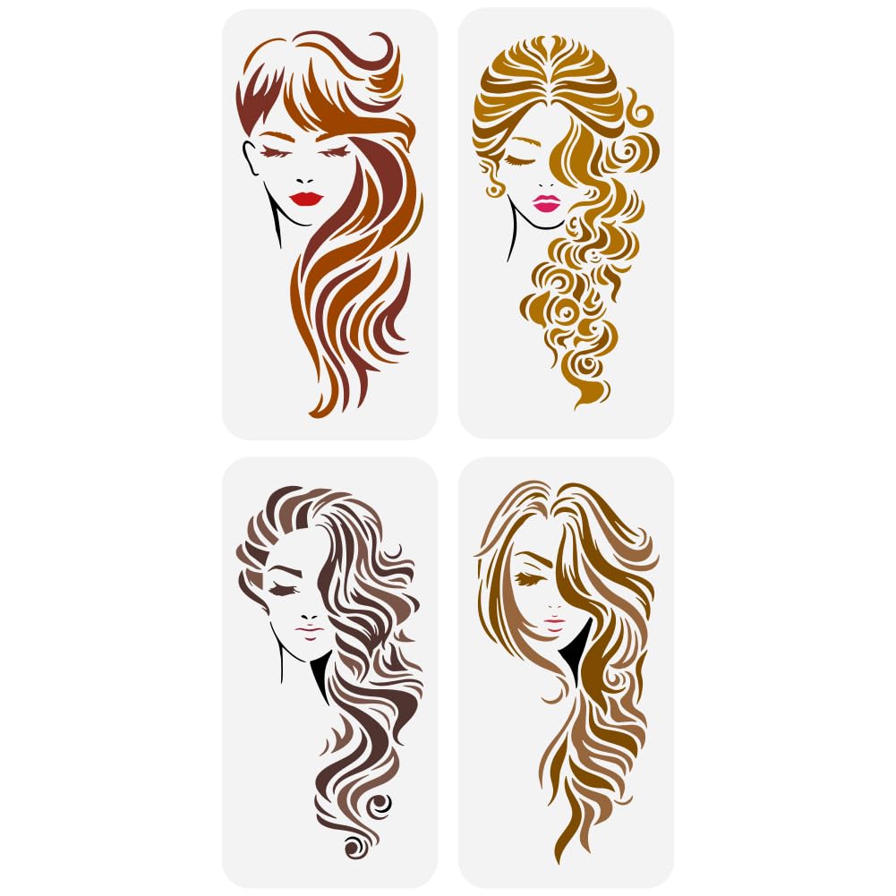 FINGERINSPIRE4 Pcs Long Hair Woman Face Painting Large Stencil 11.8x5.9 PET Beautiful Girl Spraying Big Stencil Reusable Lady Line Art Face Wall Stencil Woman Themes Huge Stencil for DIY Scrapbook