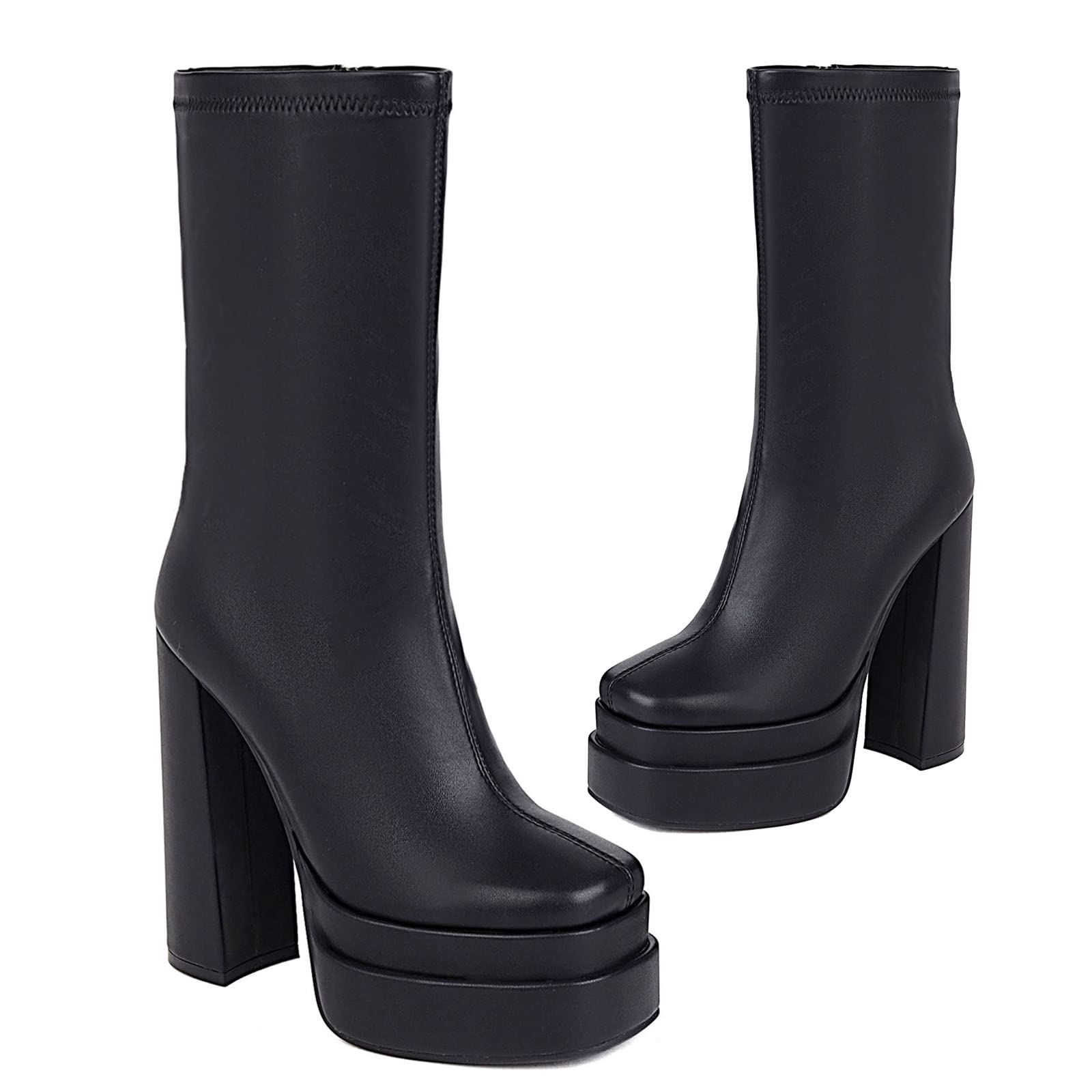 Plaform Mid Calf Boots Womens Square Toe High Heel Go Go Boots Black Chunky Heel Slide Zip Platform Boots