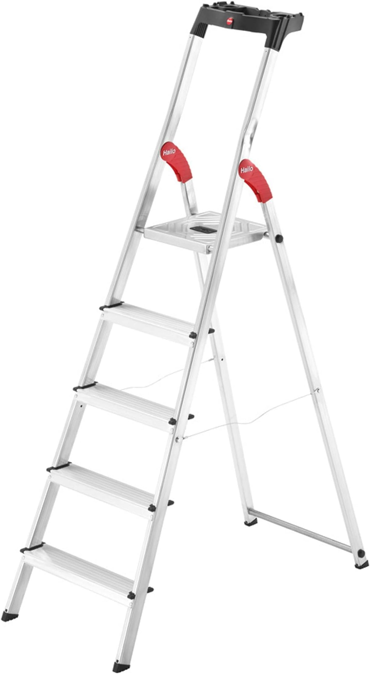 Hailo L60 StandardLine | Aluminum Folding Stepladder | Five Steps | Integrated Multifunctional Storage Tray | Stable tie bar Guide | Patented HAILO Hinge Protection | Rustproof | Silver 8160-527
