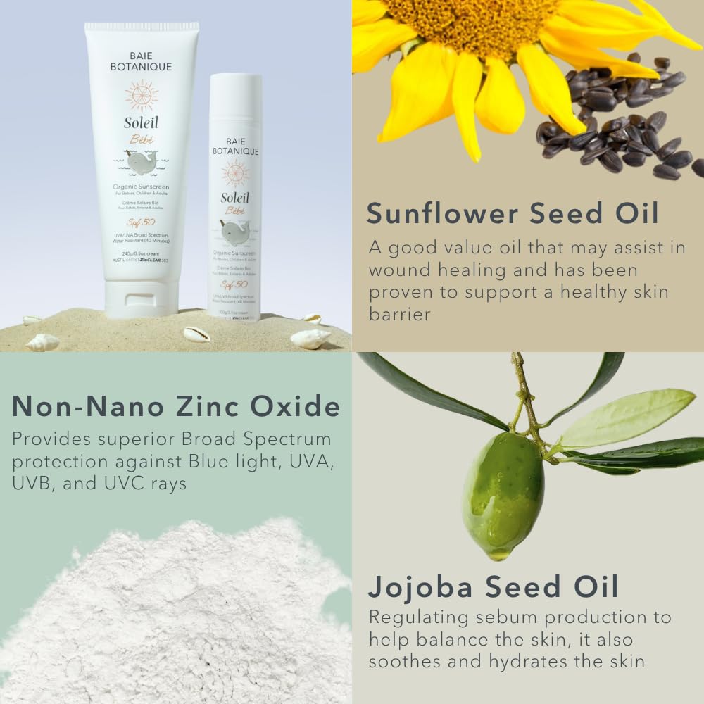 Baie Botanique Soleil Bébé Tube - Protección solar mineral biológica no tóxica para bebés y niños, SPF 50, girasol y jojoba, sin perfume, natural, vegano, sin huella blanca, arrecife