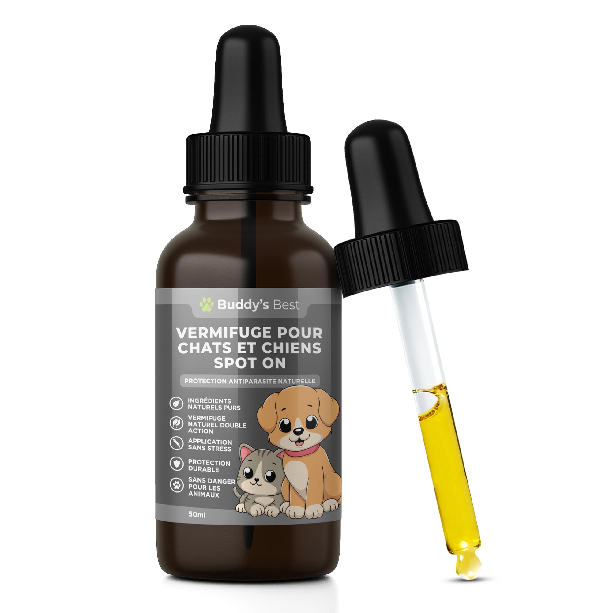 BUDDY'S BEST 50ml Spot on Vermifuge Chat et Chien - Anti vers Chat et Chien - Protection Naturelle Contre Les Parasites