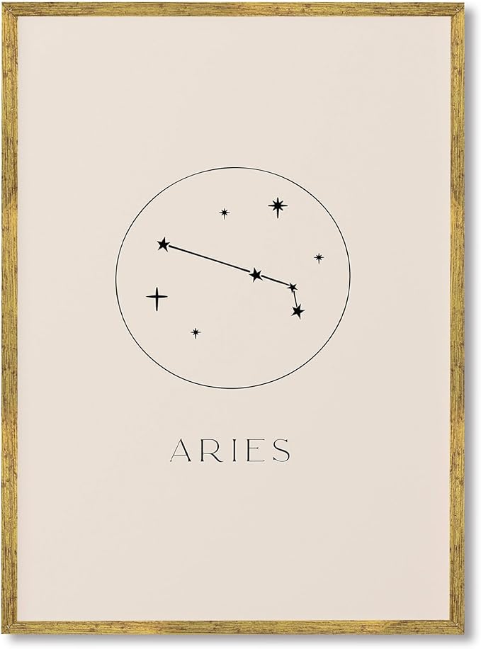 Framed Aries Zodiac Sign Canvas Print Art Minimalist Aesthetic Wall Art Painting Trendy Constellation Pictures Home Decor Wall Decoration for Bedroom Dorm Room (Gold Framed,12L x16W)