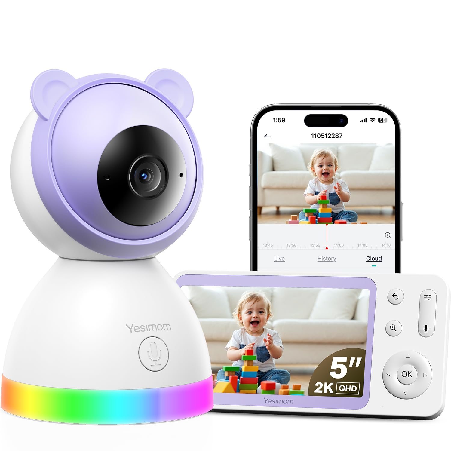 2K/3MP Wireless Baby Surveillance Camera with 5" IPS Screen and 360° PTZ, Baby Monitor with WiFi and App, Night Vision, Cry/Motion Detection, Two-Way Audio, Lullaby, VOX (1PCS) Global Recycled Standard Global Recycled Standard Global Recycled Standard