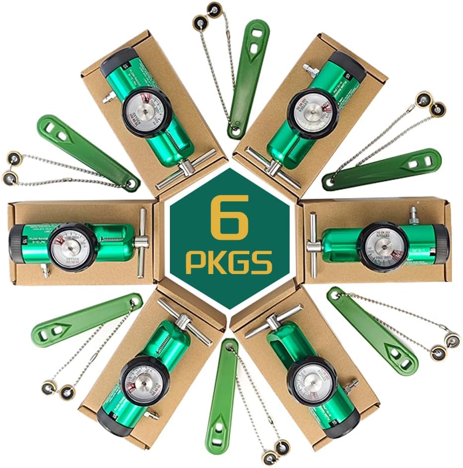 Oxygen Regulator CGA870 Connection, 0-15 LPM, 6 Pack Brass Sleeve Portable O2 Regulator, Each Set Includes 1 Oxygen Regulator, 1 Wrench and 2 Brass Yoke Washer Seals