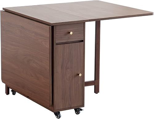 COMUHOME Extendable Drop Leaf Foldable Dining Table with 2 Drawers and 4 Wheels for Living Room Kitchen Farmhouse Space Saving Table in Walnut