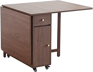 Extendable Drop Leaf Foldable Dining Table with 2 Drawers and 4 Wheels f...