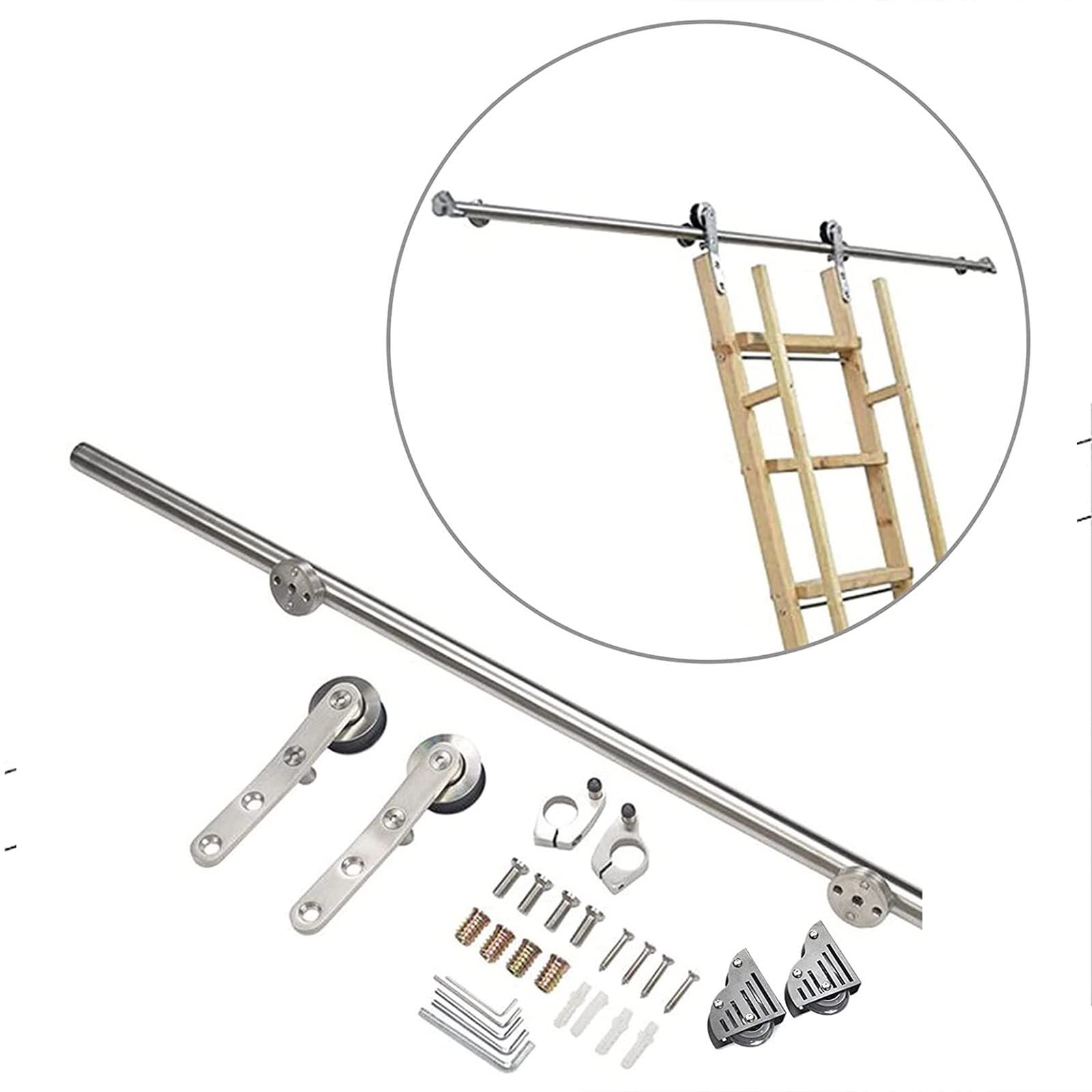 OOPDNEGAK Black Sliding Library Ladder Track Kit - Stainles Steel Roller Bookcase Hardware Kit, Round Tube Bookcase Mobile Ladder, With Floor Roller Wheels + Extension Rail(400cm(13.1 ft) track kit)