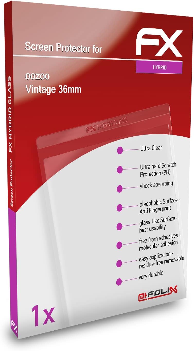atFoliXatFoliX Plastic Glass Protective Film compatible with oozoo Vintage 36mm Glass Protector, 9H Hybrid-Glass FX Glass Screen Protector of plastic