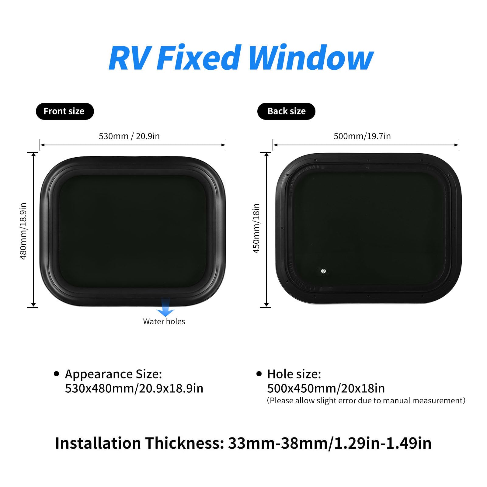 Yctze Okno Ramy do Pojazdu Kempingowego ze Szkłem Hartowanym, Zaokrąglony Narożnik dla przyczepy: 530x480 Mm (20,9x18,9 cala), Rozmiar Otworu instalacyjnego: 500x450 Mm (Do ścian o grubości 33–38