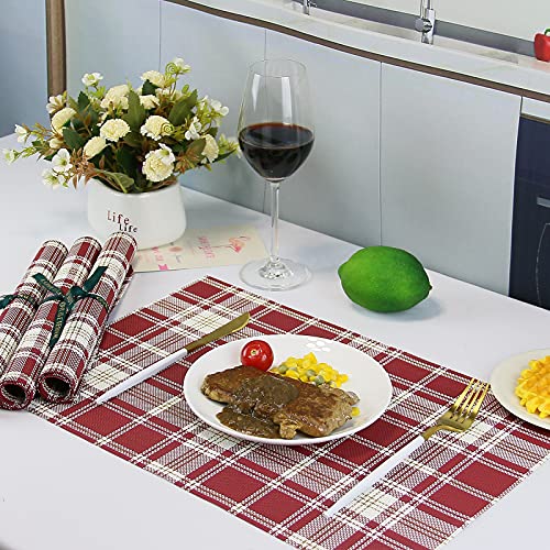 Bestjing Placemats for dining table set of 4, Woven Vinyl Placemats Table Mats, Washable &Wipe Clean, Non-Slip&Heat-Resistant, Ideal for Kitchen Table Decorations at holiday Party (Tartan Maroon, 4pc) - Thumbnail 5