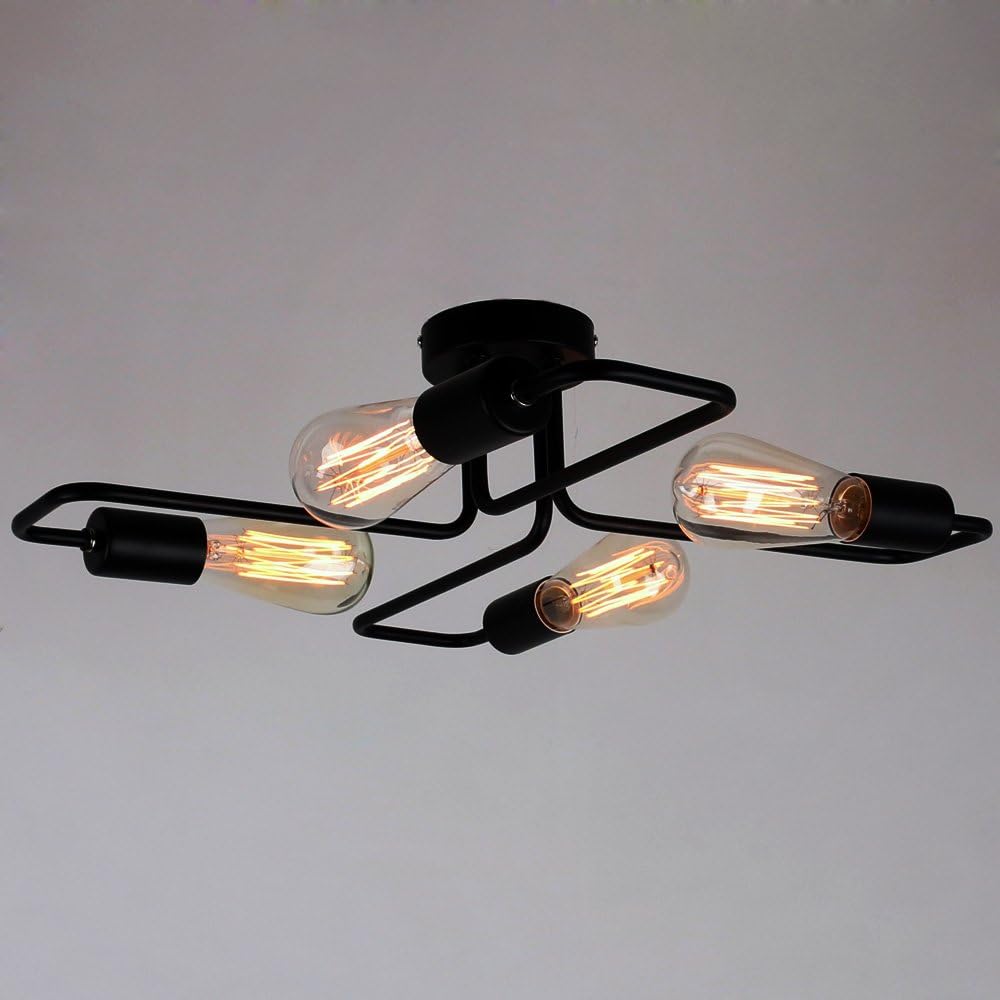 Cheapest 🛒 Unitary Brand Black Vintage Barn Metal Semi Flush Mount Ceiling Light Max. 160W with 4 Lights Painted Finish