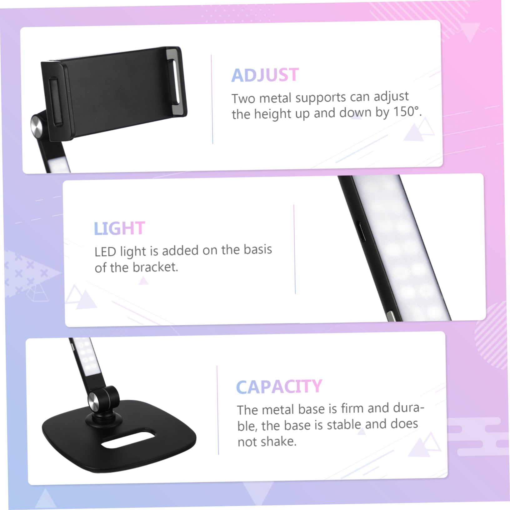 Housoutil Supporto Tablet in Alluminio Nero Regolabile Rotazione 360° | Base da Tavolo Testa Sferica e Doppio Asse, Struttura Pieghevole, LED Incluso