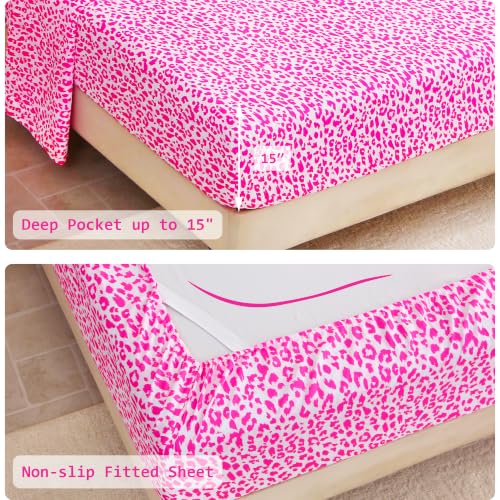 Image of lasoftan Leopard Queen Comforter Set with Sheets, 7 piece Luxury Vintage Bedding, Soft Microfiber Bed in a Bag, Cozy Lightweight Bed Set, Hot Pink Cheetah Print