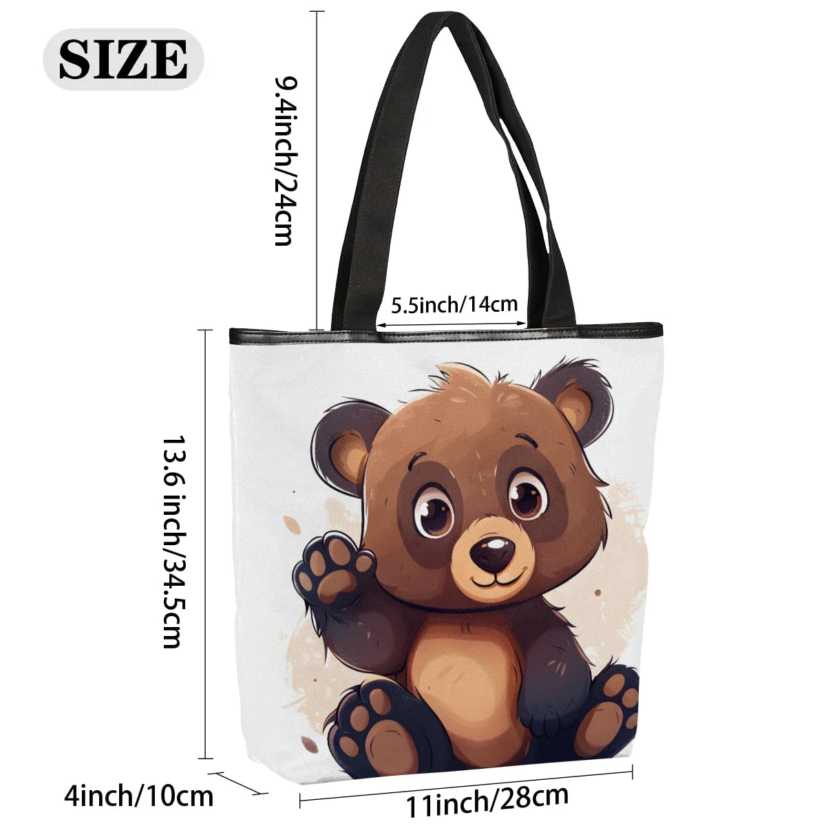 Mularoka Cute Hand Painted Bears Canvas Tote Bag with Zipper and Pockets Canvas Tote Shopping Bag Women Reusable Grocery Bag for Beach Travel Gym Shopping