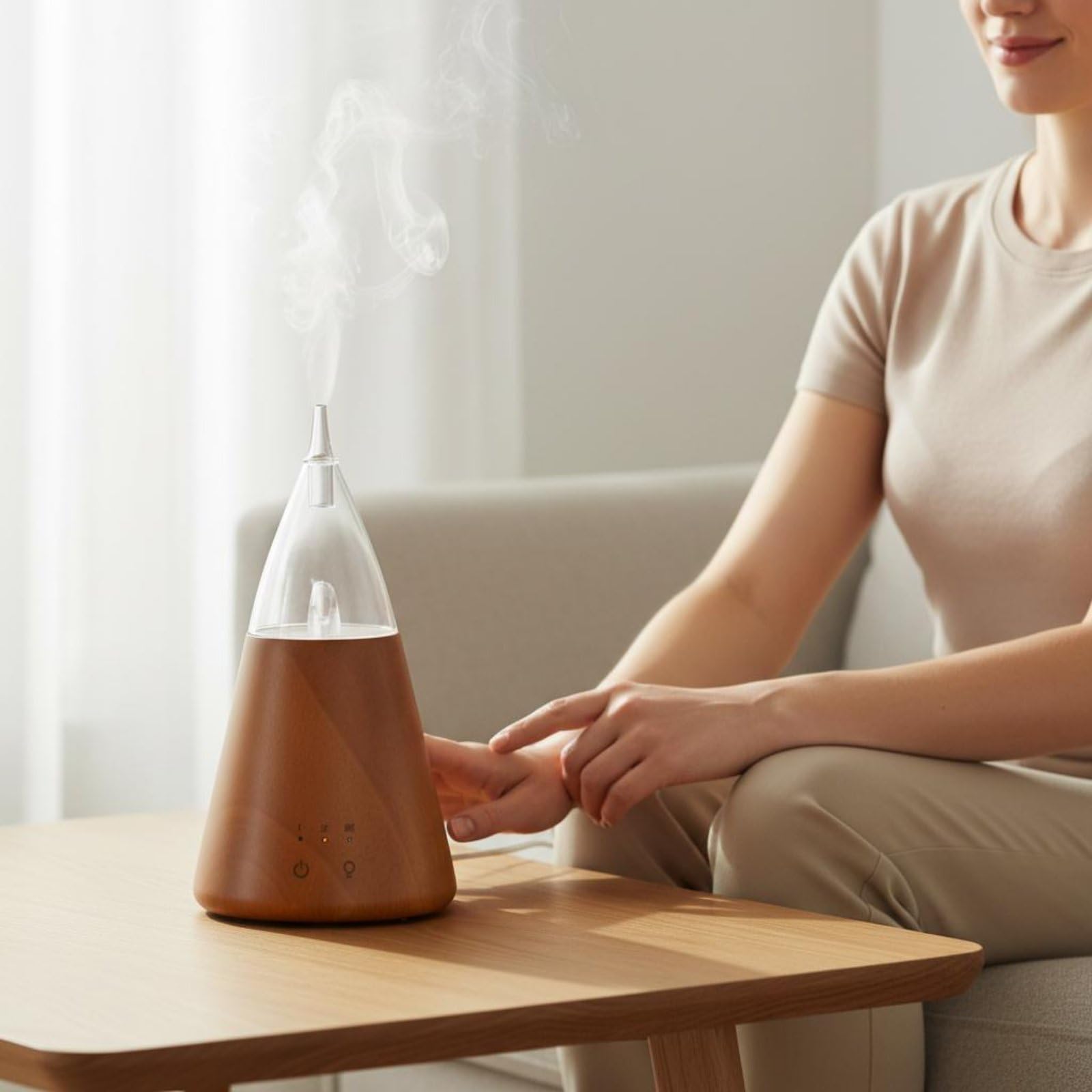 B Baosity Diffuseur d'Arômes Diffuseur d'Huiles Essentielles Nébuliseur Appareil Odorant Chêne Robuste et Verre Minuterie 2h et Lumière Douce Adapté au Sommeil, Tour Marron