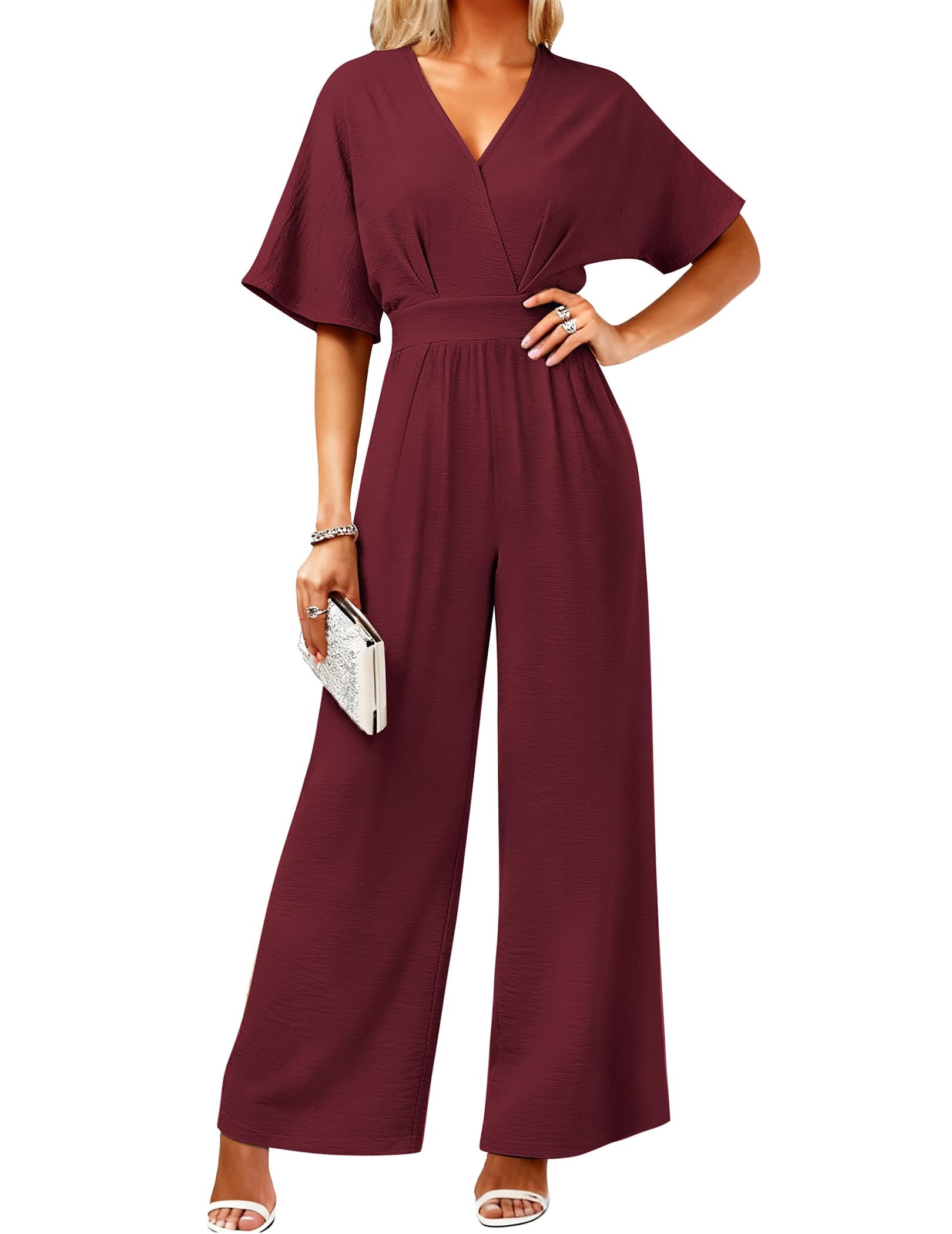 LOOKBOHO Women's One Piece Jumpsuits Dressy Casual V-Neck Batwing Short Sleeve Wide Leg Elegant Ladies Jumpsuit Rompers