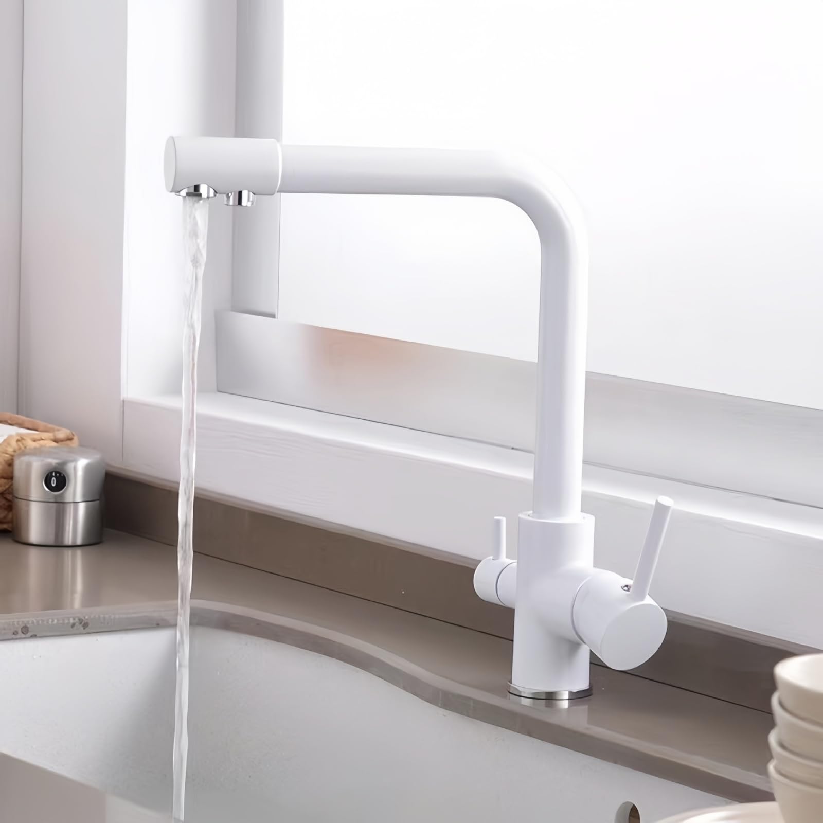Kitchen Tap White 3 Way Kitchen Sink Taps Kitchen Mixer Tap Dual Lever Swivel Spout 3 in 1 Kitchen Sink Tap