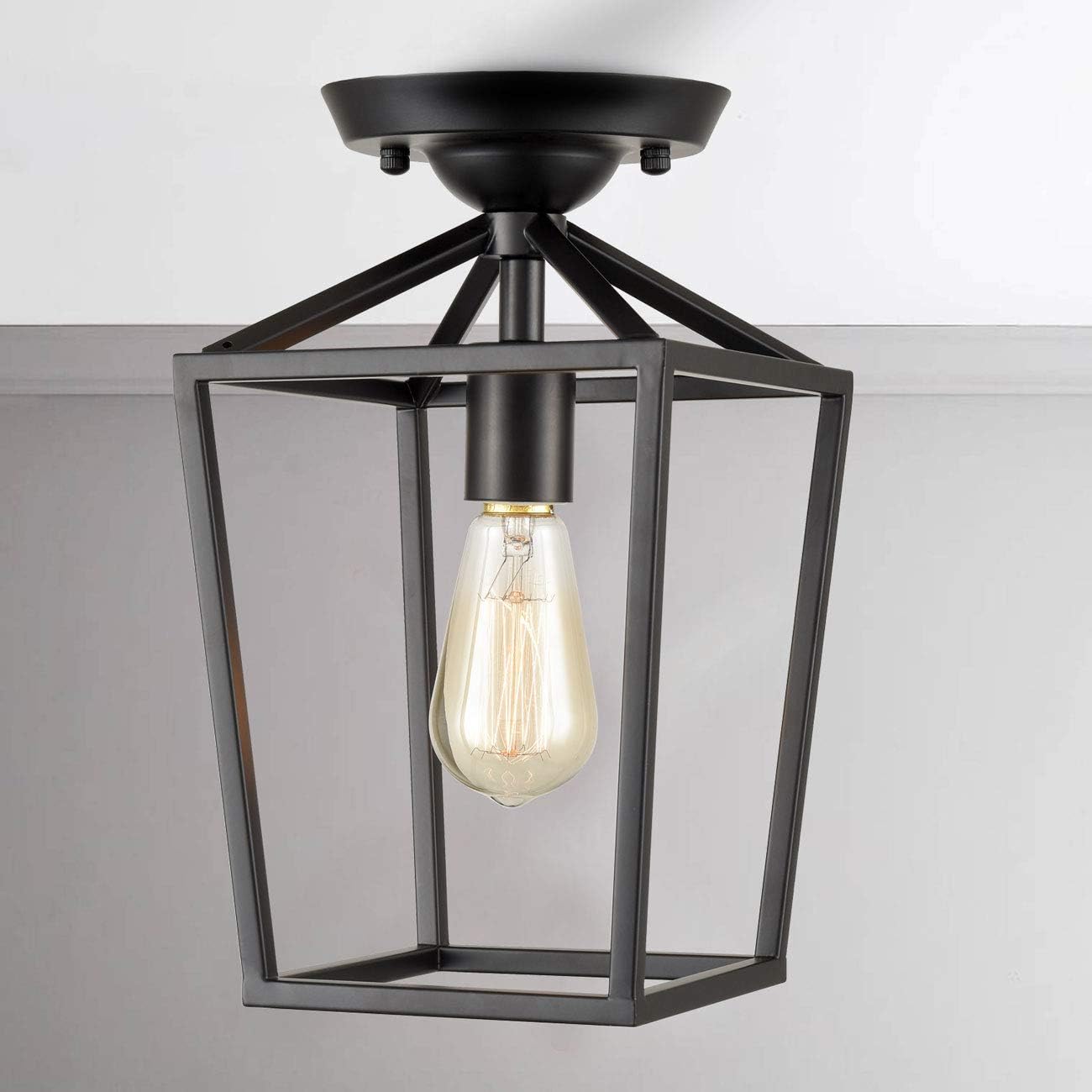 Super Big Clearance! Industrial Semi-Flush Mount Ceiling Light Black Retro Lantern Cage Light Fixture for Kitchen Porch Foyer Best Deal Product Industrial Semi-Flush Mount Ceiling Light Black Retro Lantern Cage Light Fixture for Kitchen Porch Foyer
