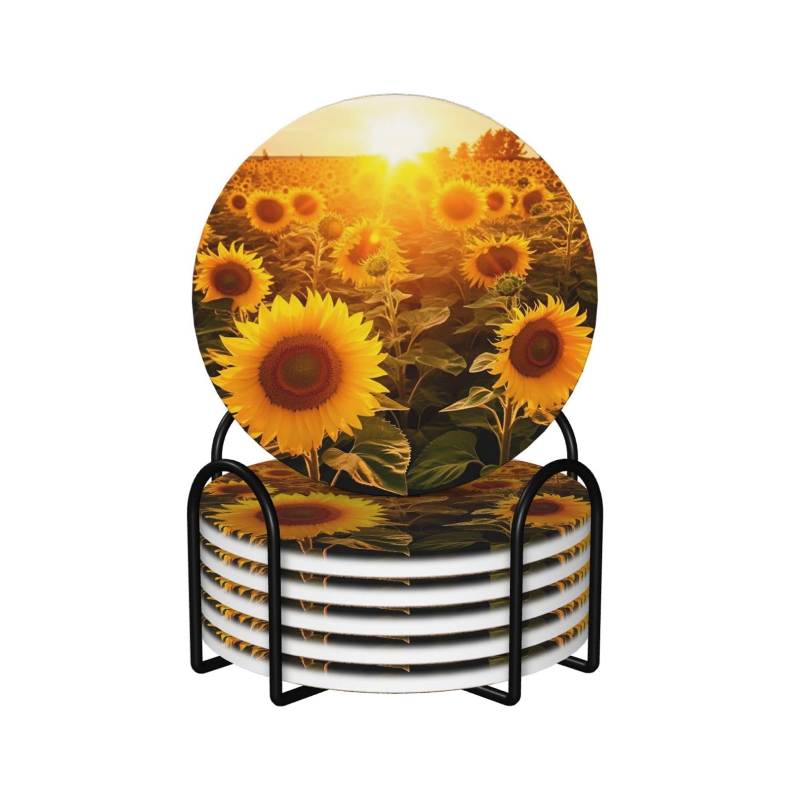 6Pcs Ceramics Coaster for Drinks, Sunshine Sunflower Field Cup Coasters with Holder, Aesthetic Drink Coasters for Coffee Table, Absorbent Round Coaster for Tabletop Protection 4" Cup Mat Pad