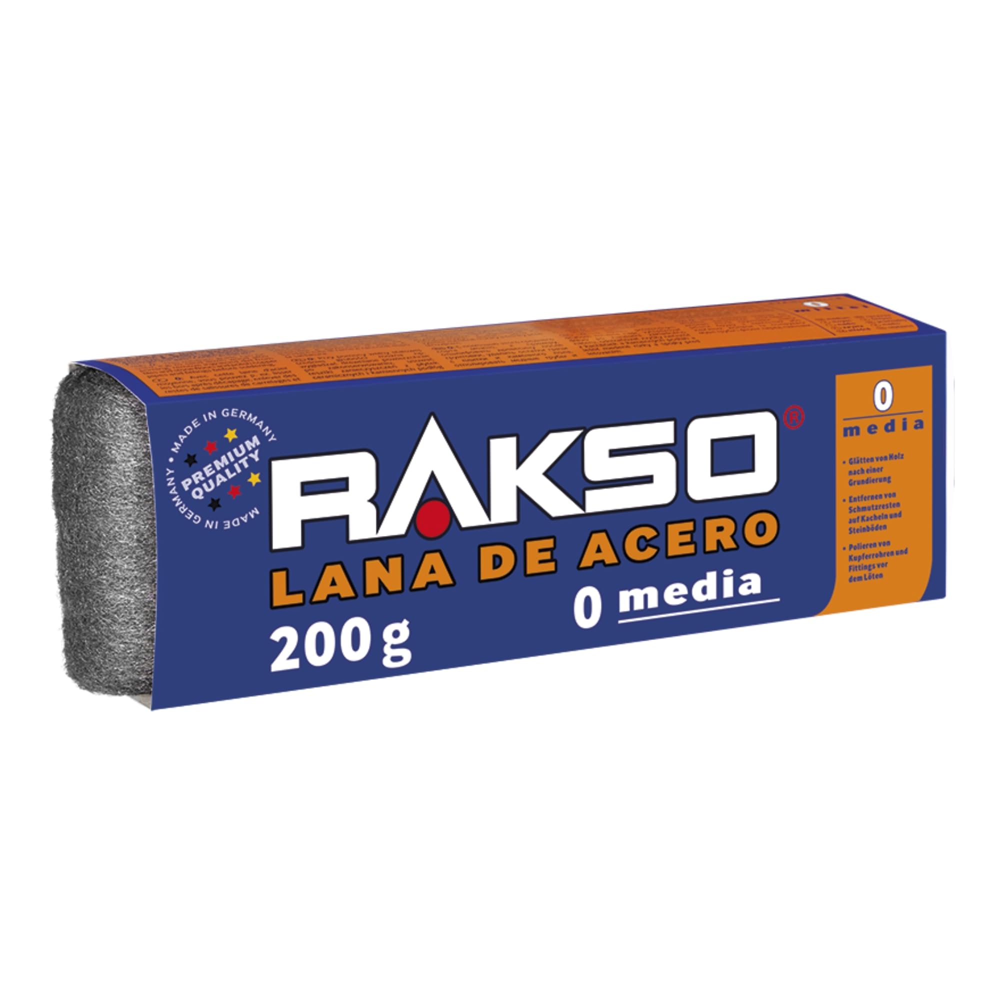 RAKSO Steel Wool Medium Grade 0-400g, 2 x 200g Rolls, Smooths Wood, Removes Dirt from Tiles/Stone Floors, Polishes Copper Tubes and Fittings