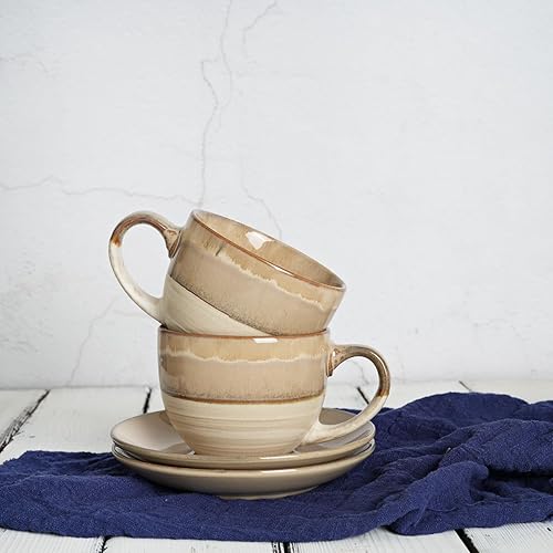 Miniatura 6 de Bosmarlin Juego de 2 tazas y platillo de cerámica para capuchino, 10 onzas, tazas de café para café con leche, expreso, té, lavavajillas y