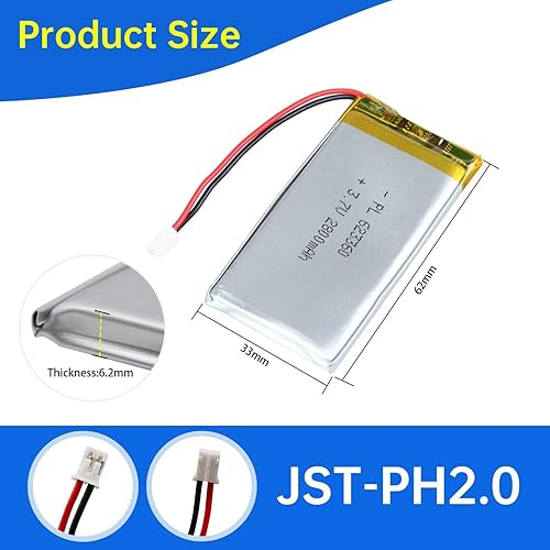 Miniatura 3 de 623360 Batería Lipo 3.7V 1500mAh 623360 Paquete de Batería de Polímero de Litio Recargable con Conector JST PH2.0mm para Dispositivo Electrónico