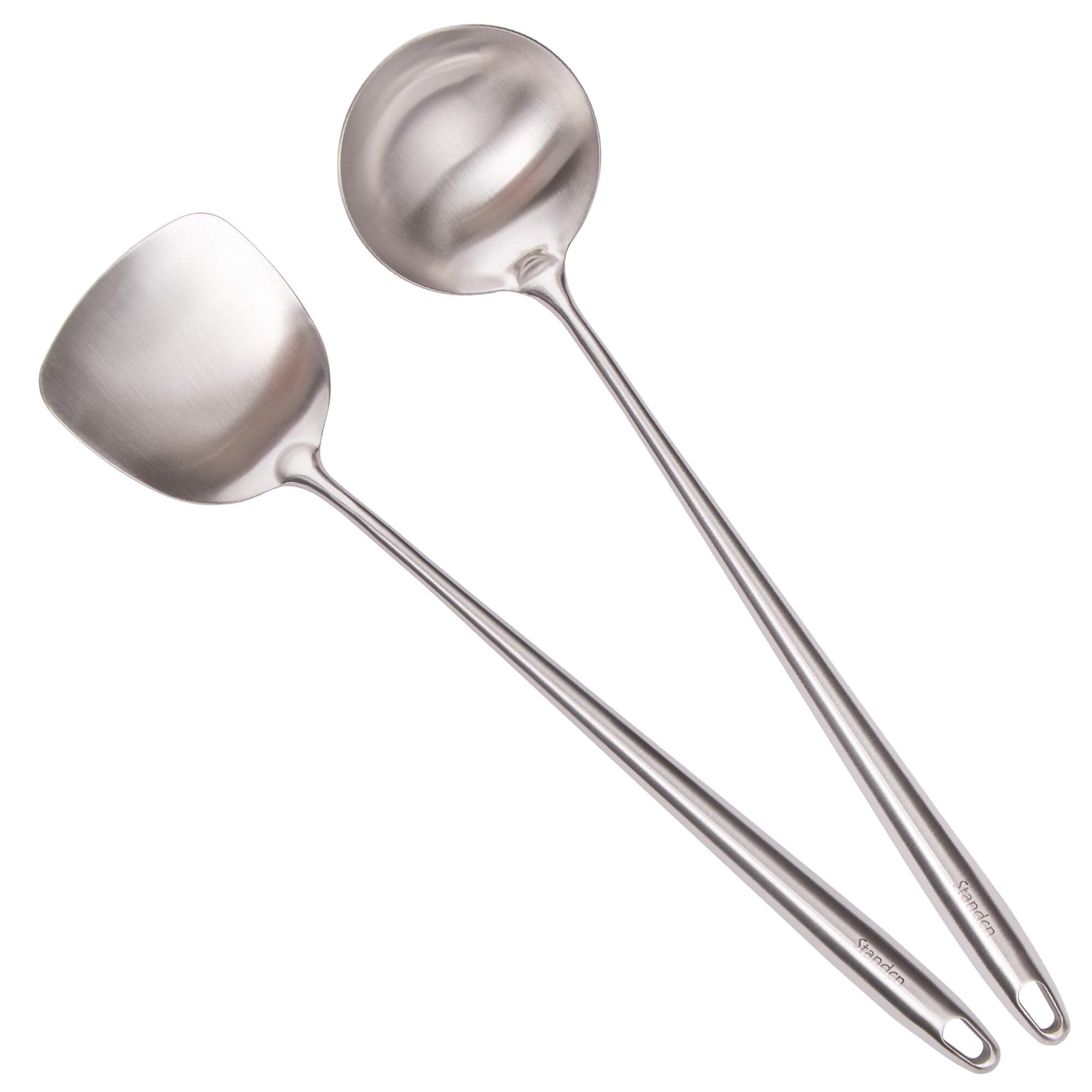 17” Wok Spatula and Ladle - 304 Stainless Steel Wok Tools Set, 2-Pieces Extra Long Handle Cooking Tools, All Metal Wok Utensils and Wok Accessories for Cast Iron/Carbon Steel Wok