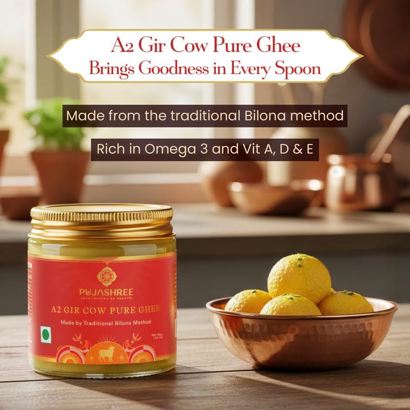 Image of Pujashree A2 Gir Cow Pure Ghee, For Prasad Offering, Traditional Bilona Method, Made from Indigenous Gir Cow Milk, For Daily Healthy Meals, Digestion and Holistic Wellbeing, 120 ml