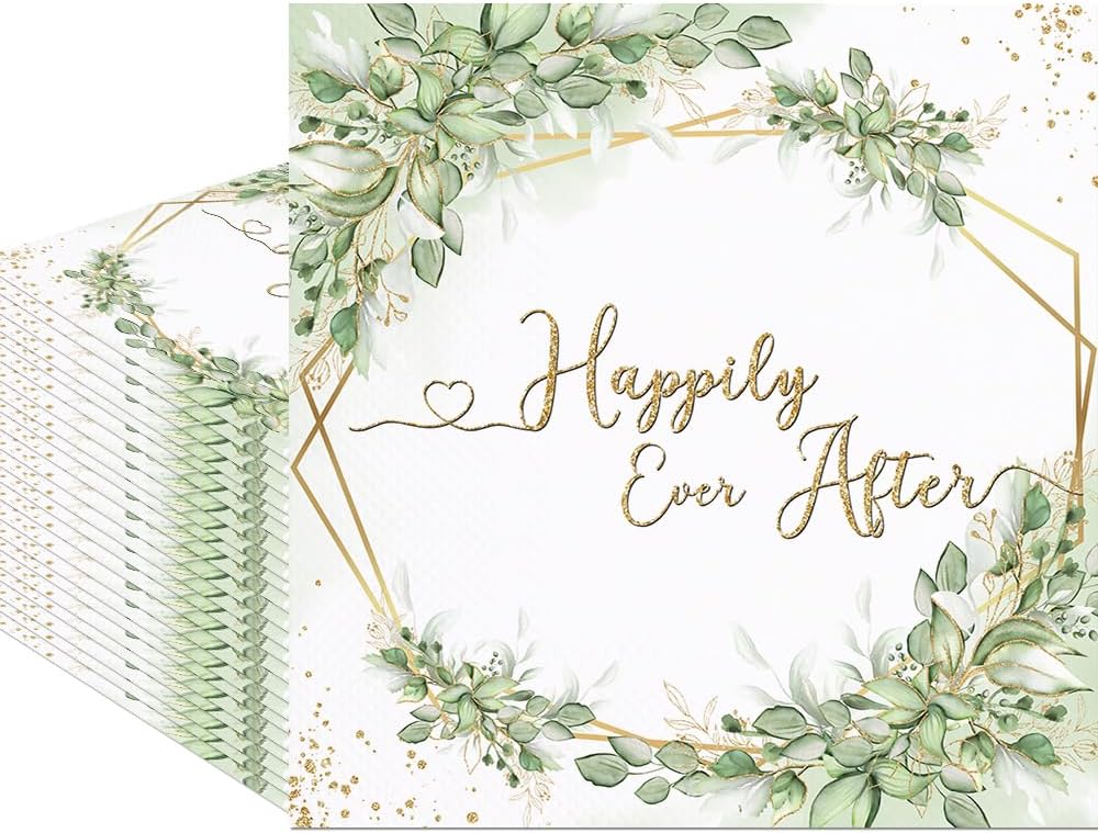 80Pcs Happily Ever After Bridal Shower Paper Napkins Sage Green Wedding Shower Disposable Napkin Greenery Leaves Printed Decorative Napkins Party Supplies Table Decor
