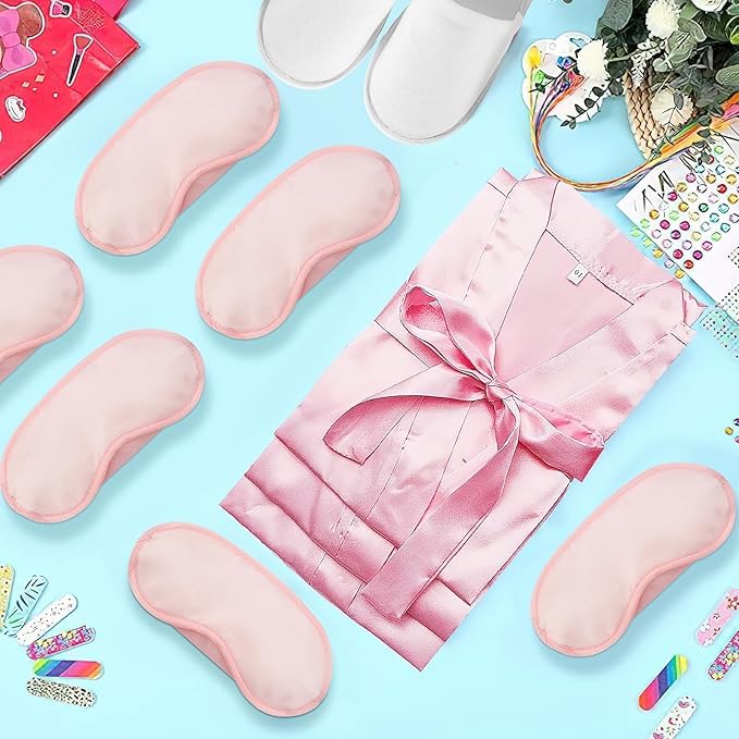 LYCN Albornoz de 6 piezas para niñas, bata de baño de satén de seda con antifaz de seda y zapatillas para fiesta de cumpleaños