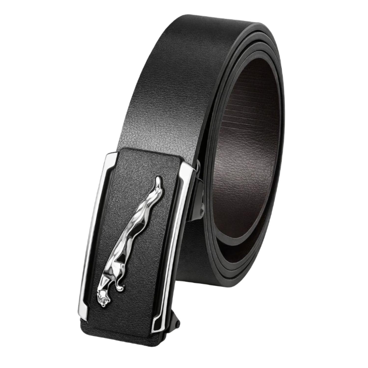 niddleman Men's Auto Lock Belt, Premium PU Leather Ratchet Belt with Slide-In Buckle, Adjustable 120 cm, 3.5 cm Width, Glossy Finish, Black/Silver/Gold Buckle-picture-31