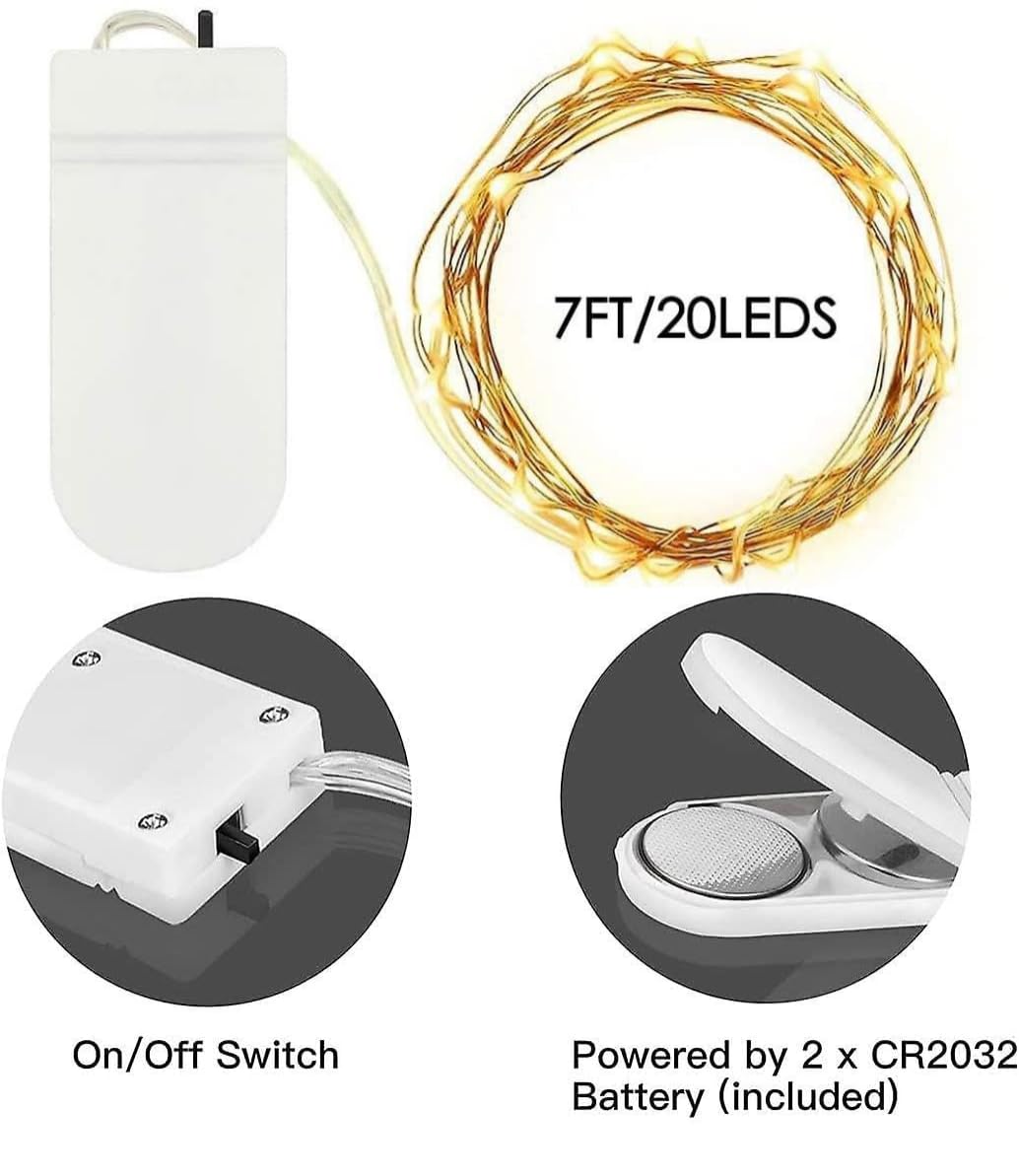 Lot de 24 guirlandes lumineuses de Noël à piles de 2,1 m avec 20 LED scintillantes - Fil argenté étanche pour mariage, Noël, Saint-Valentin, bocaux Mason - Décoration de table (blanc chaud)
