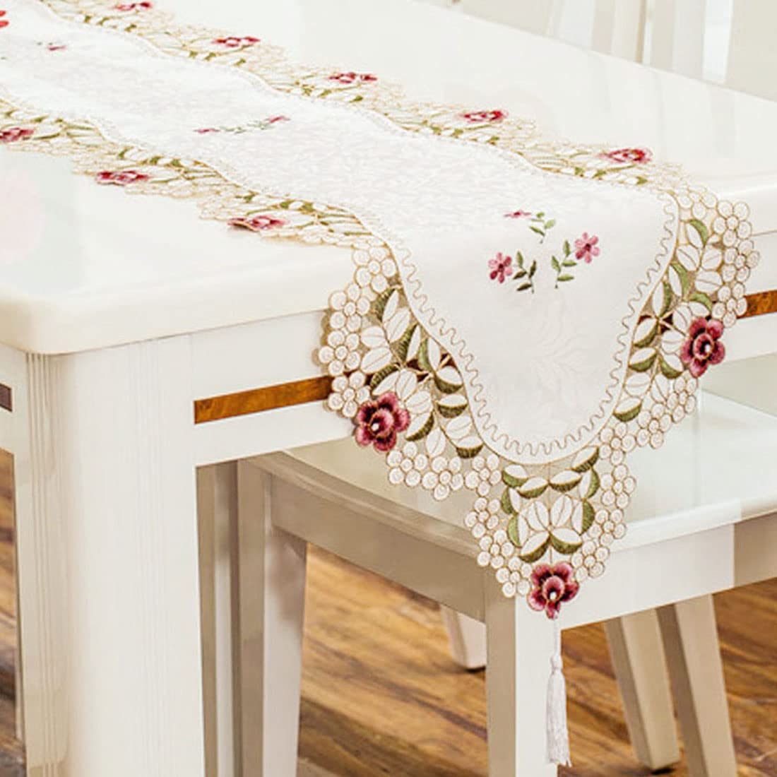 Photo 1 of 15 X 112 Inch Classic Table Runner, Flowers Embroidery Lace Beige Floral Dresser Scarf Table Top Home Party Wedding Restaurant Dining Decoration - Red Rose Table Runner 40X290CM(15" X 112") Red Rose