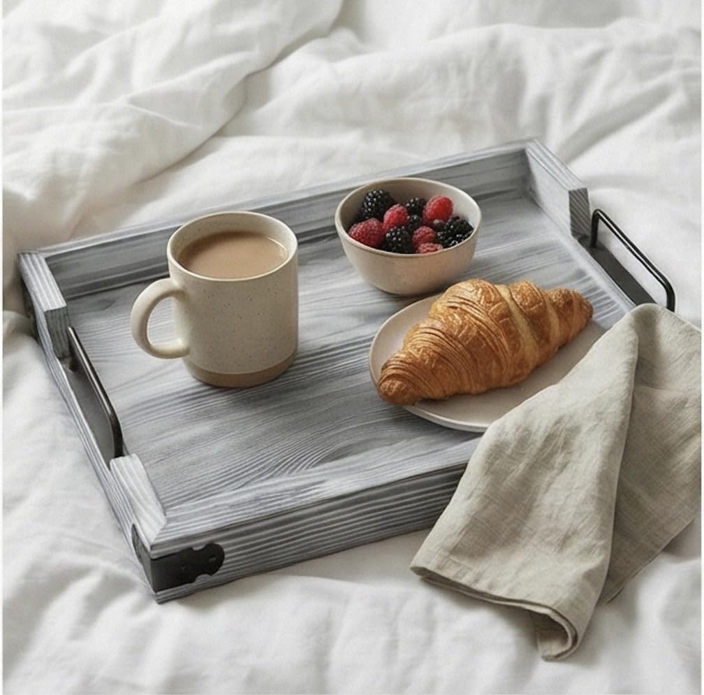 Photo 1 of ***FACTORY SEALED**Wooden Rustic X-Large Serving Tray with Handles | Gray Vintage Style | Decorative Metal Corners | Ottoman & Coffee Table Décor