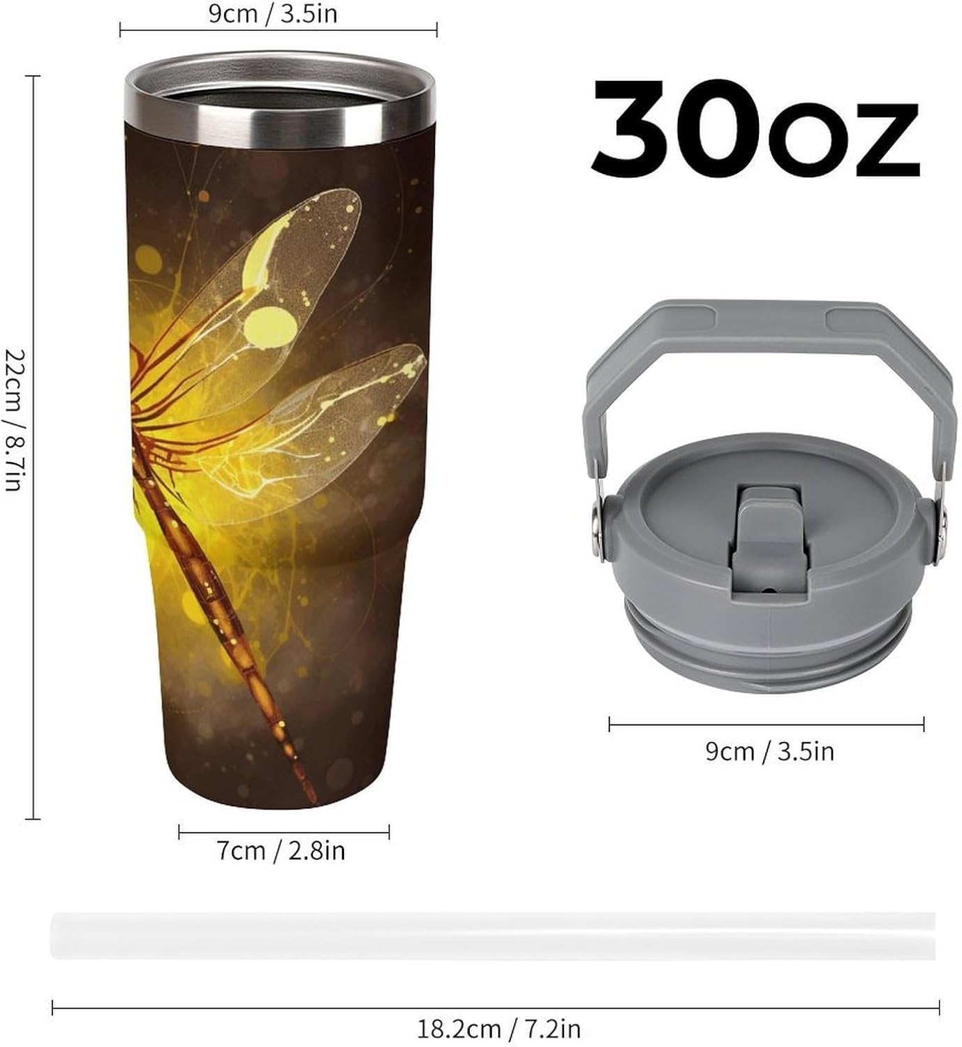 Abstract Yellow Dragonfly Water Bottle 30 Oz Fits Car Cup Holder,Insulated Coffee Mug Large Capacity Car Cups,Stainless Steel Double Wall Sport Bottle for Travel Sports Gym